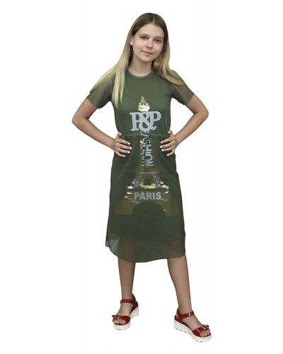 Платье трикотажное для девочки с сеткой цвет хаки Турция, на рост 146, 152, 158 см